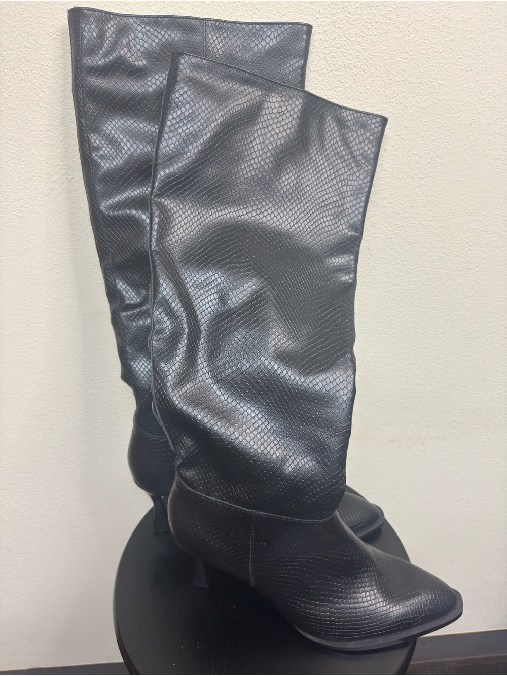Black Leather Textured Knee-High Boots